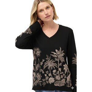 Johnny Was Riley Slit Long Tee Cotton Shirt Floral Embroidered Black Top NEW